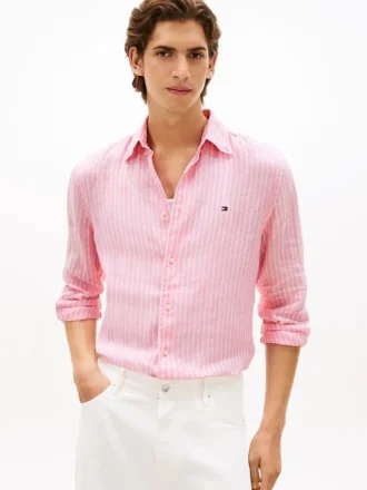 Camisa de linho às riscas com corte regular