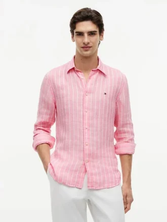 Camisa de linho às riscas com corte regular Camisa de linho às riscas com corte regular