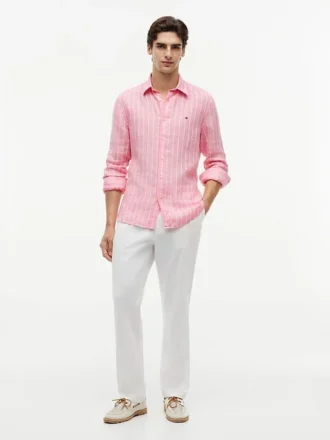 Camisa de linho às riscas com corte regular Camisa de linho às riscas com corte regular