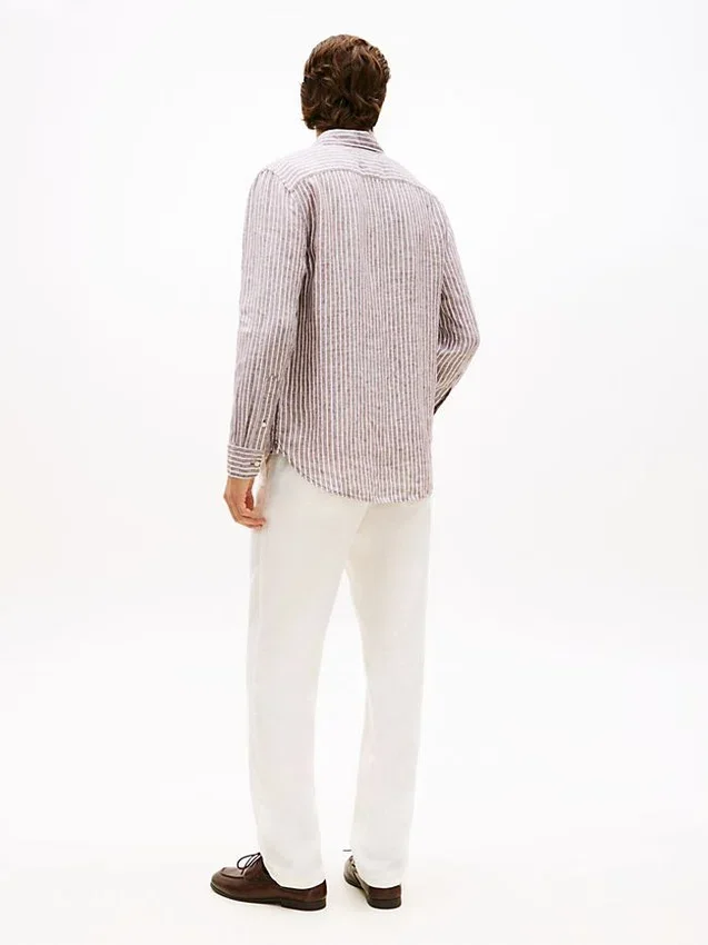 Camisa de linho às riscas de corte regular Camisa de linho às riscas de corte regular