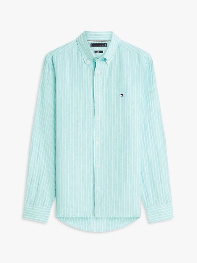 Camisa de linho às riscas de corte regular Camisa de linho às riscas de corte regular