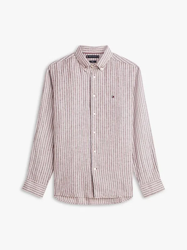 Camisa de linho às riscas de corte regular Camisa de linho às riscas de corte regular
