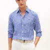 Camisa de linho xadrez de corte regular Camisa de linho xadrez de corte regular
