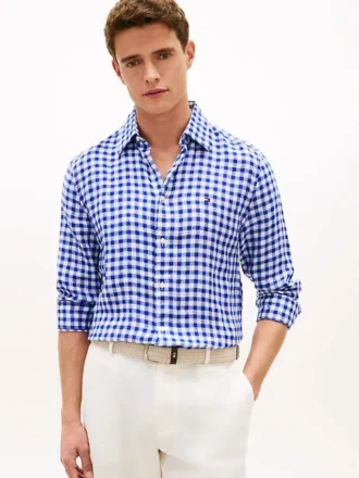 Camisa de linho xadrez de corte regular