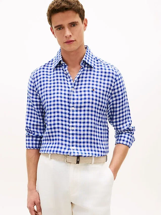 Camisa de linho xadrez de corte regular Camisa de linho xadrez de corte regular