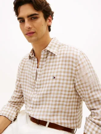 Camisa de linho xadrez de corte regular