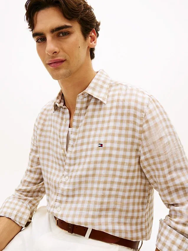 Camisa de linho xadrez de corte regular Camisa de linho xadrez de corte regular