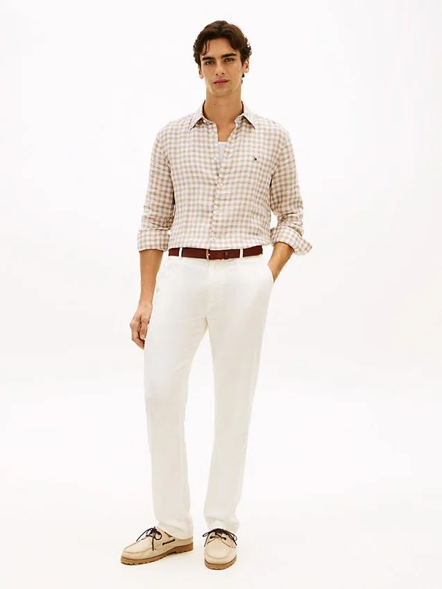Camisa de linho xadrez de corte regular Camisa de linho xadrez de corte regular