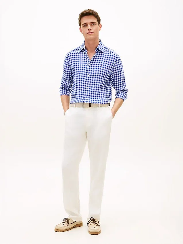 Camisa de linho xadrez de corte regular Camisa de linho xadrez de corte regular