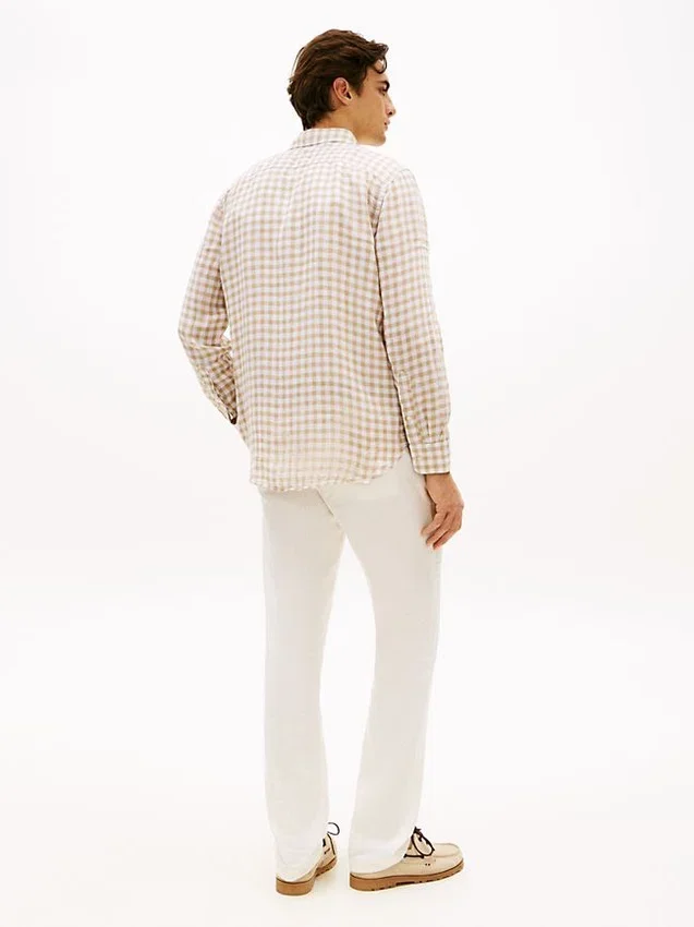 Camisa de linho xadrez de corte regular Camisa de linho xadrez de corte regular