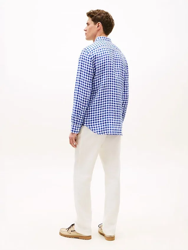 Camisa de linho xadrez de corte regular Camisa de linho xadrez de corte regular