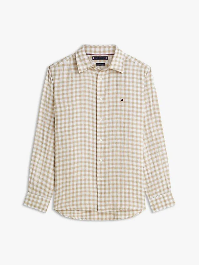 Camisa de linho xadrez de corte regular Camisa de linho xadrez de corte regular