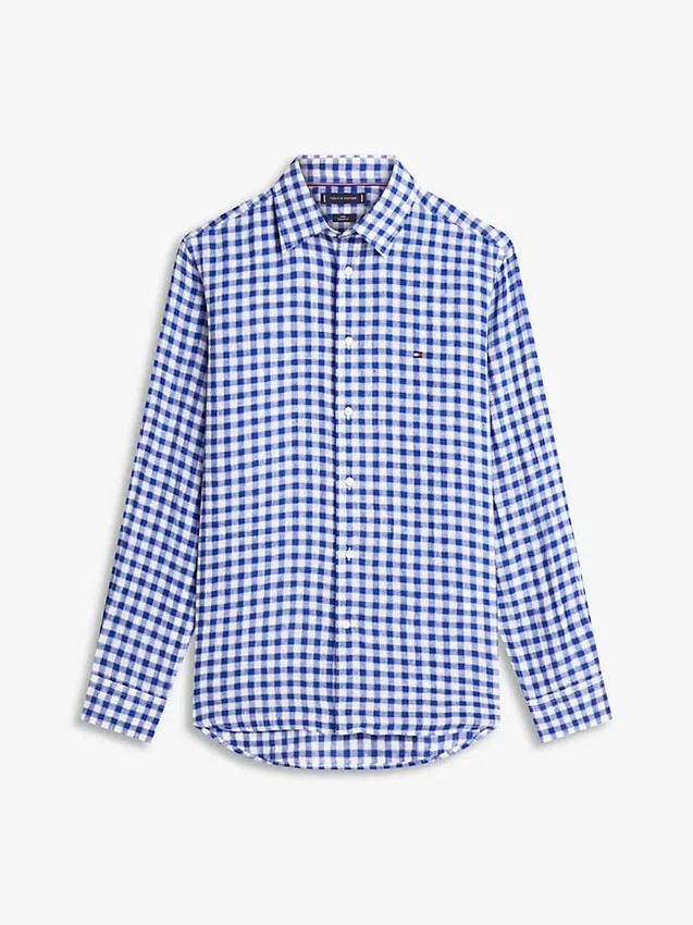 Camisa de linho xadrez de corte regular Camisa de linho xadrez de corte regular