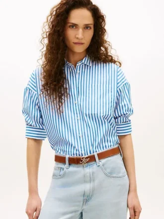 Camisa de popelina às riscas com corte descontraído