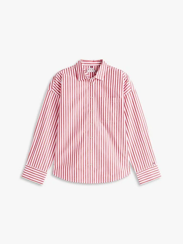 Camisa de popeline às riscas com corte descontraído Camisa de popeline às riscas com corte descontraído