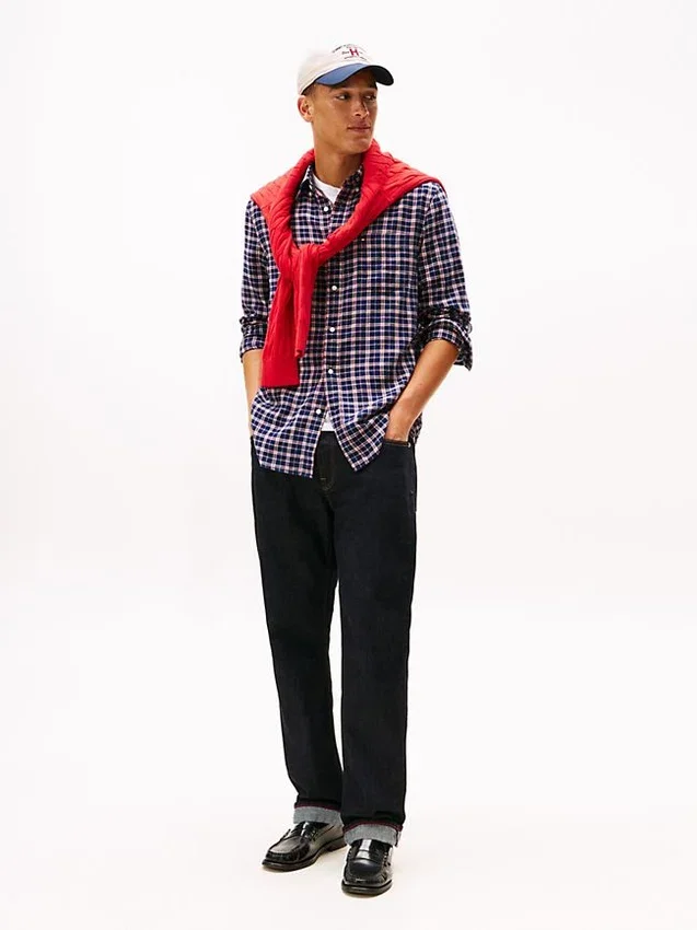 Camisa de sarja escovada com padrão xadrez e corte regular Camisa de sarja escovada com padrão xadrez e corte regular