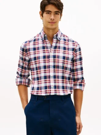 Camisa de sarja xadrez arrojada com corte regular
