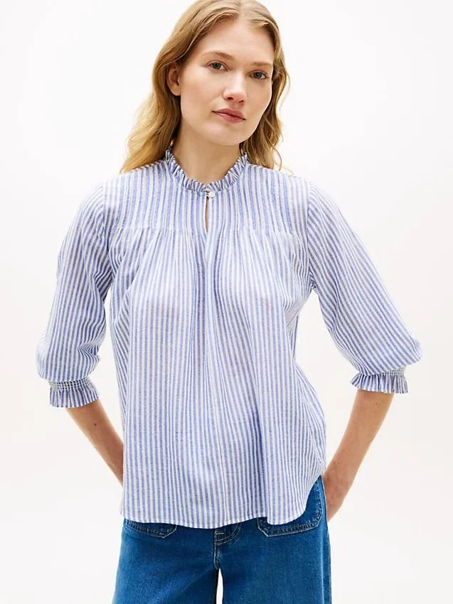 Camisa de voile com pregas e acabamento com folhos Camisa de voile com pregas e acabamento com folhos