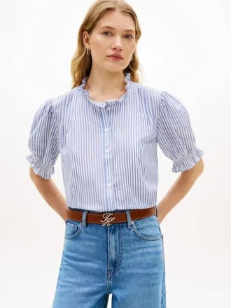Camisa de voile de algodão com acabamento em folhos