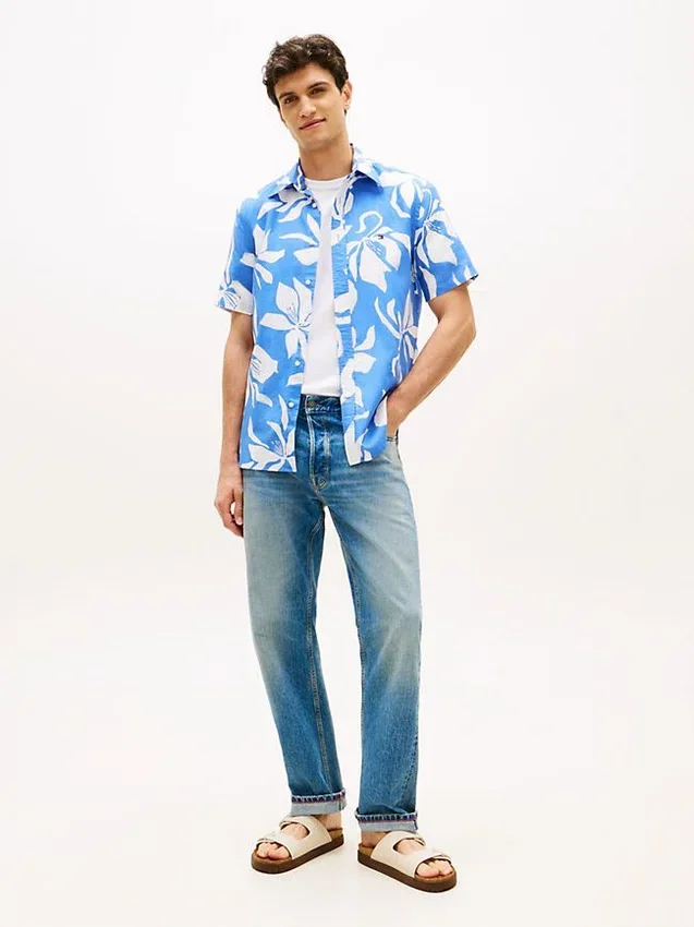 Camisa em mistura de algodão e linho com estampado tropical Camisa em mistura de algodão e linho com estampado tropical