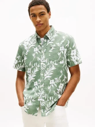 Camisa em mistura de linho com estampado tropical