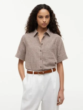 Camisa em mistura de linho xadrez