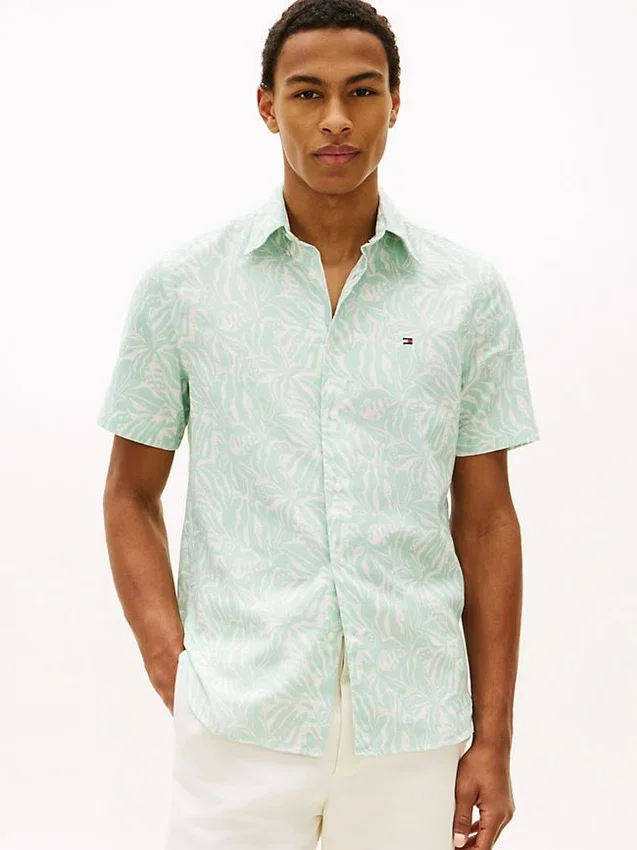 Camisa estampada em mistura de algodão e linho Camisa estampada em mistura de algodão e linho