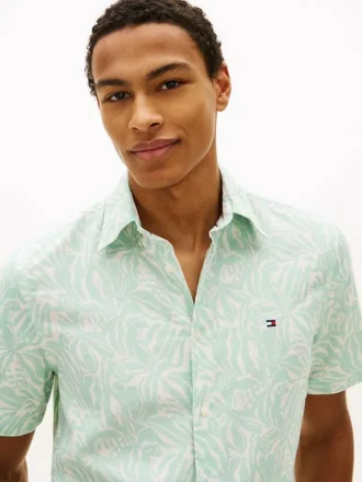 Camisa estampada em mistura de algodão e linho