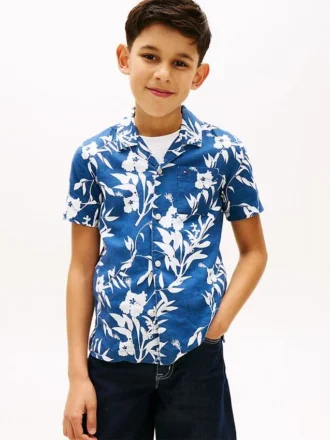Camisa infantil de mistura de linho e algodão com padrão floral