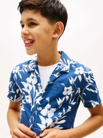 Camisa infantil de mistura de linho e algodão com padrão floral