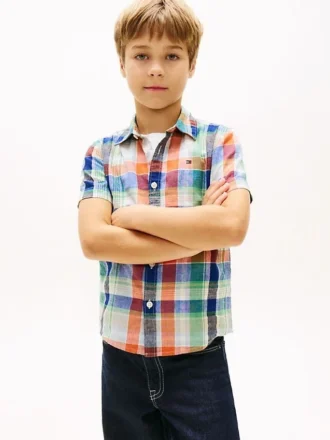 Camisa infantil em mistura de linho e algodão Madras