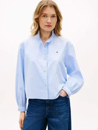 Camisa Oxford curta com acabamento em folhos