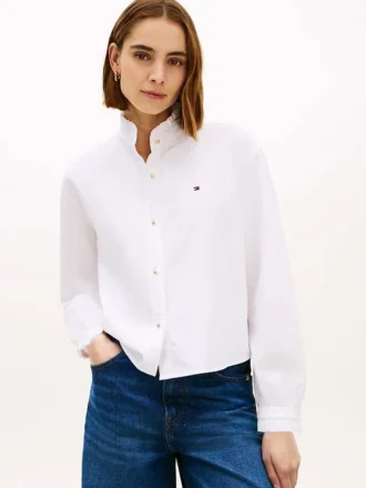 Camisa Oxford curta com acabamento em folhos