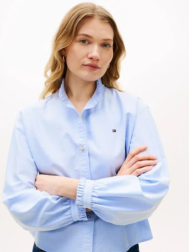 Camisa Oxford curta com acabamento em folhos Camisa Oxford curta com acabamento em folhos