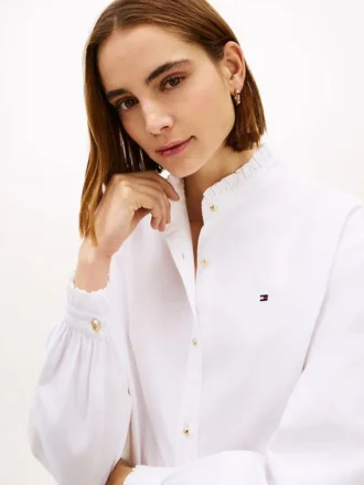 Camisa Oxford curta com acabamento em folhos