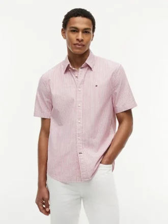 Camisa Oxford de manga curta às riscas