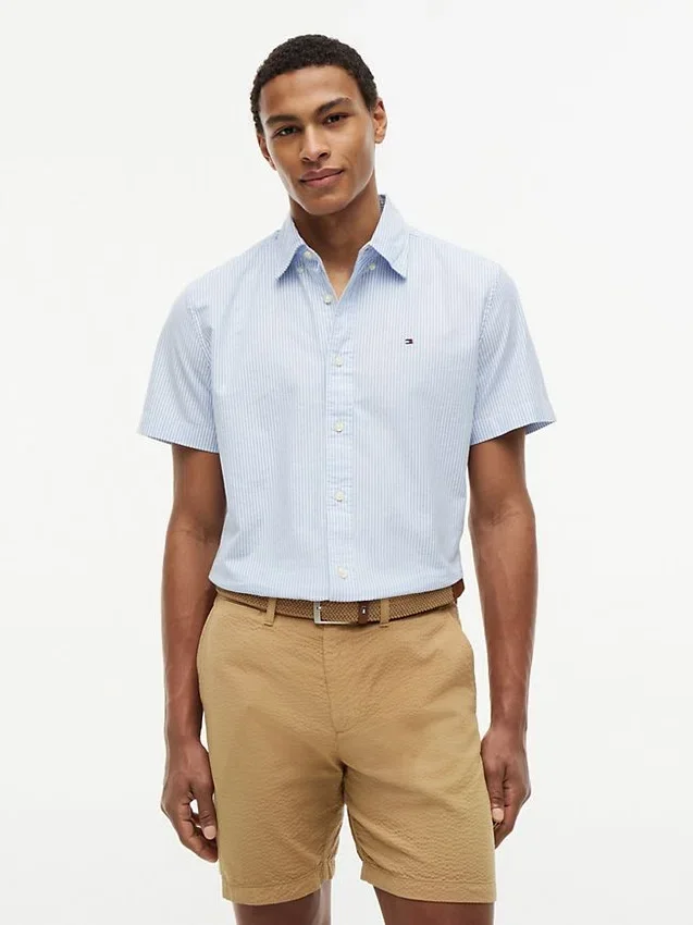 Camisa Oxford de manga curta às riscas Camisa Oxford de manga curta às riscas