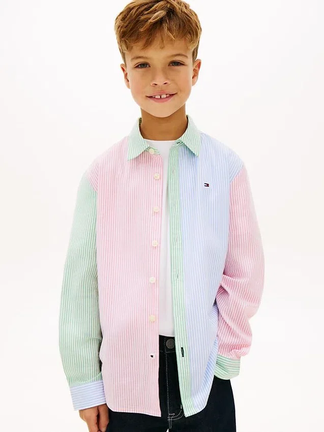 Camisa Oxford elástica com riscas mistas para criança Camisa Oxford elástica com riscas mistas para criança