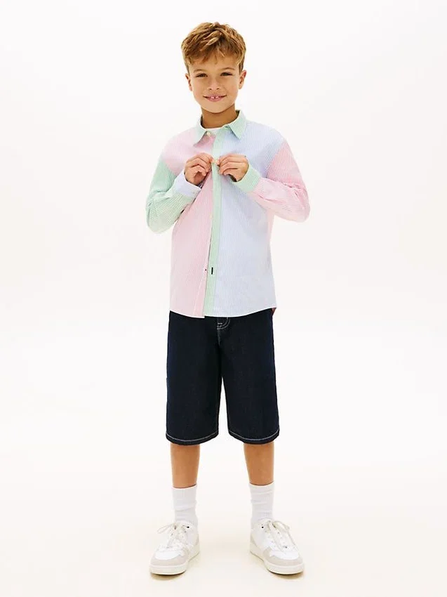Camisa Oxford elástica com riscas mistas para criança Camisa Oxford elástica com riscas mistas para criança