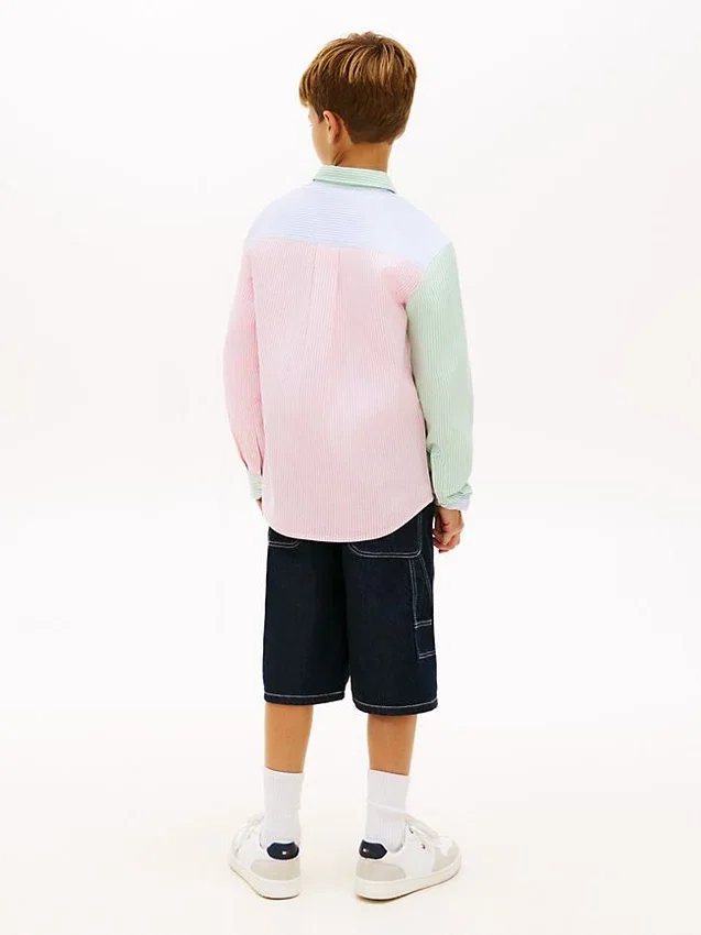 Camisa Oxford elástica com riscas mistas para criança Camisa Oxford elástica com riscas mistas para criança