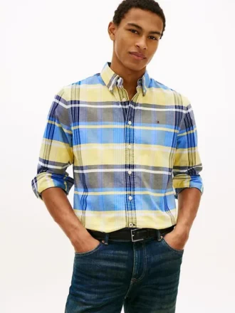Camisa Oxford elástica xadrez de corte regular