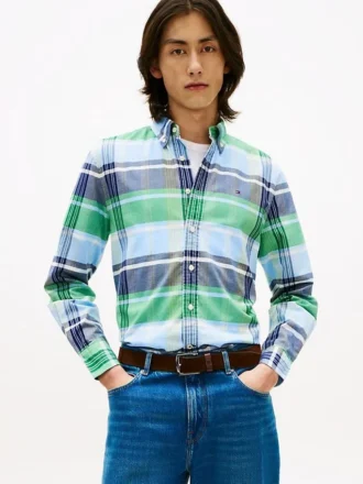 Camisa Oxford elástica xadrez de corte regular