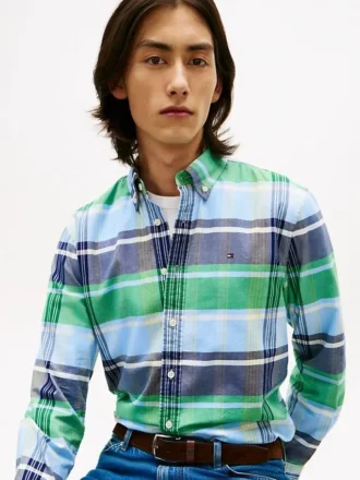 Camisa Oxford elástica xadrez de corte regular