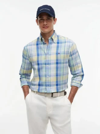 Camisa Regular em Mistura de Linho com Padrão Madras