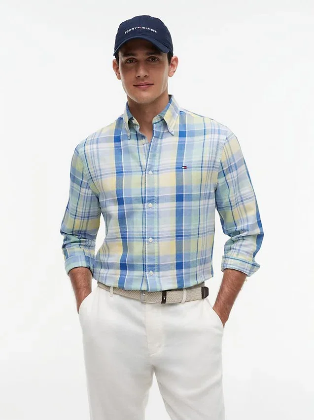 Camisa Regular em Mistura de Linho com Padrão Madras Camisa Regular em Mistura de Linho com Padrão Madras