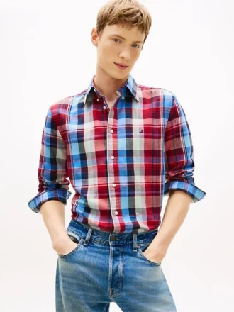 Camisa Regular em Mistura de Linho com Padrão Madras