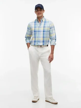 Camisa Regular em Mistura de Linho com Padrão Madras