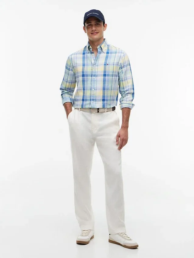 Camisa Regular em Mistura de Linho com Padrão Madras Camisa Regular em Mistura de Linho com Padrão Madras