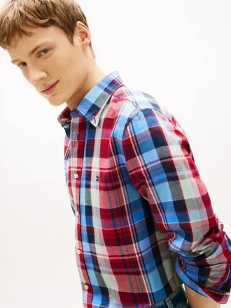 Camisa Regular em Mistura de Linho com Padrão Madras