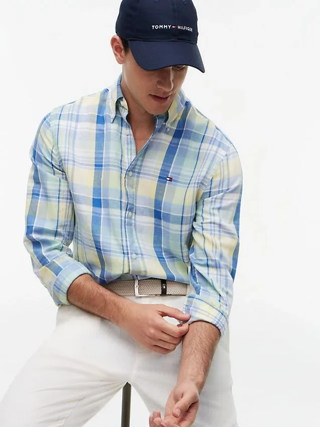 Camisa Regular em Mistura de Linho com Padrão Madras Camisa Regular em Mistura de Linho com Padrão Madras